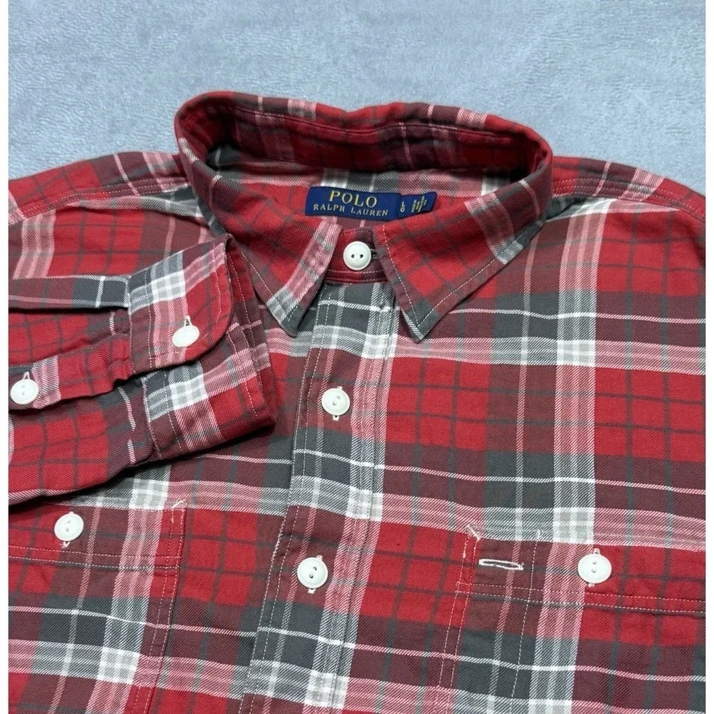 Polo Ralph Lauren Slim Fit Flannel Shirt Mens L Madras Plaid Cabincore Woodsy